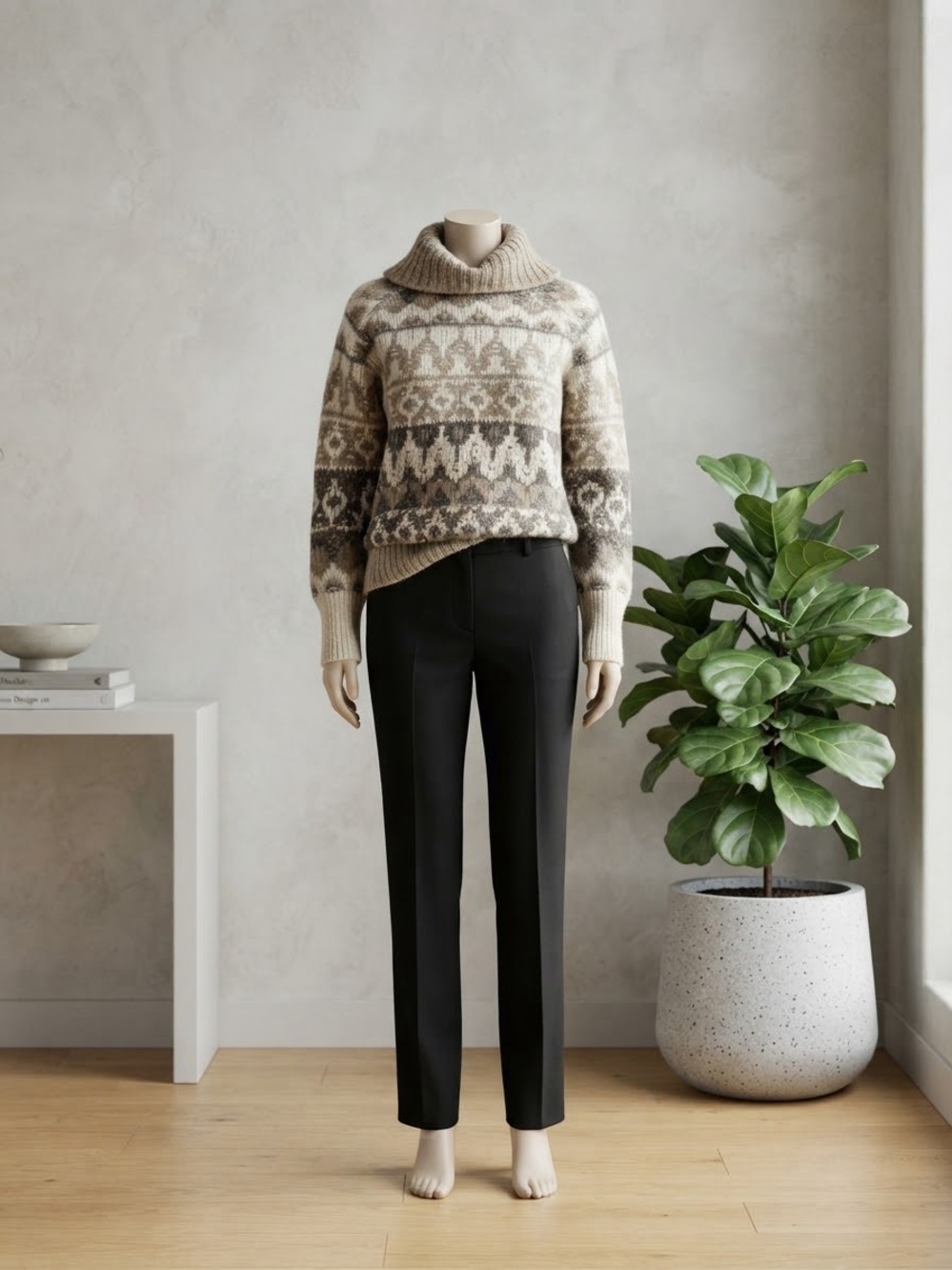 Cozy Fair Isle Cowl-Neck Sweater in Beige and Gray